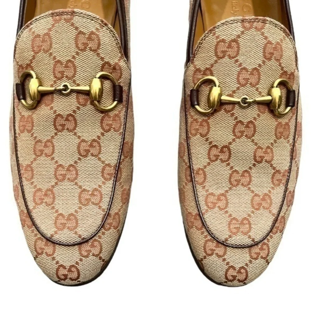 GUCCI Men’s Jordaan Brown GG Canvas Logo Horsebit Loafers Size 7 - Picture 3 of 11